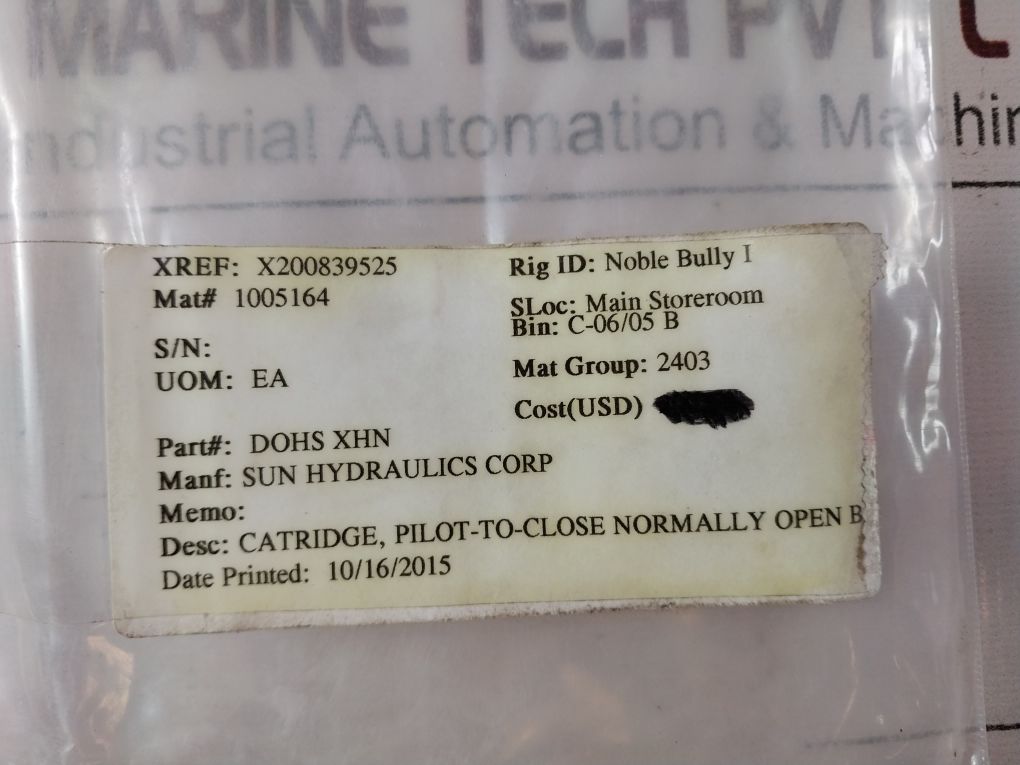 Sun Hydraulics Dohs-xhn Pilot-to-close Normally Open Cartridge
