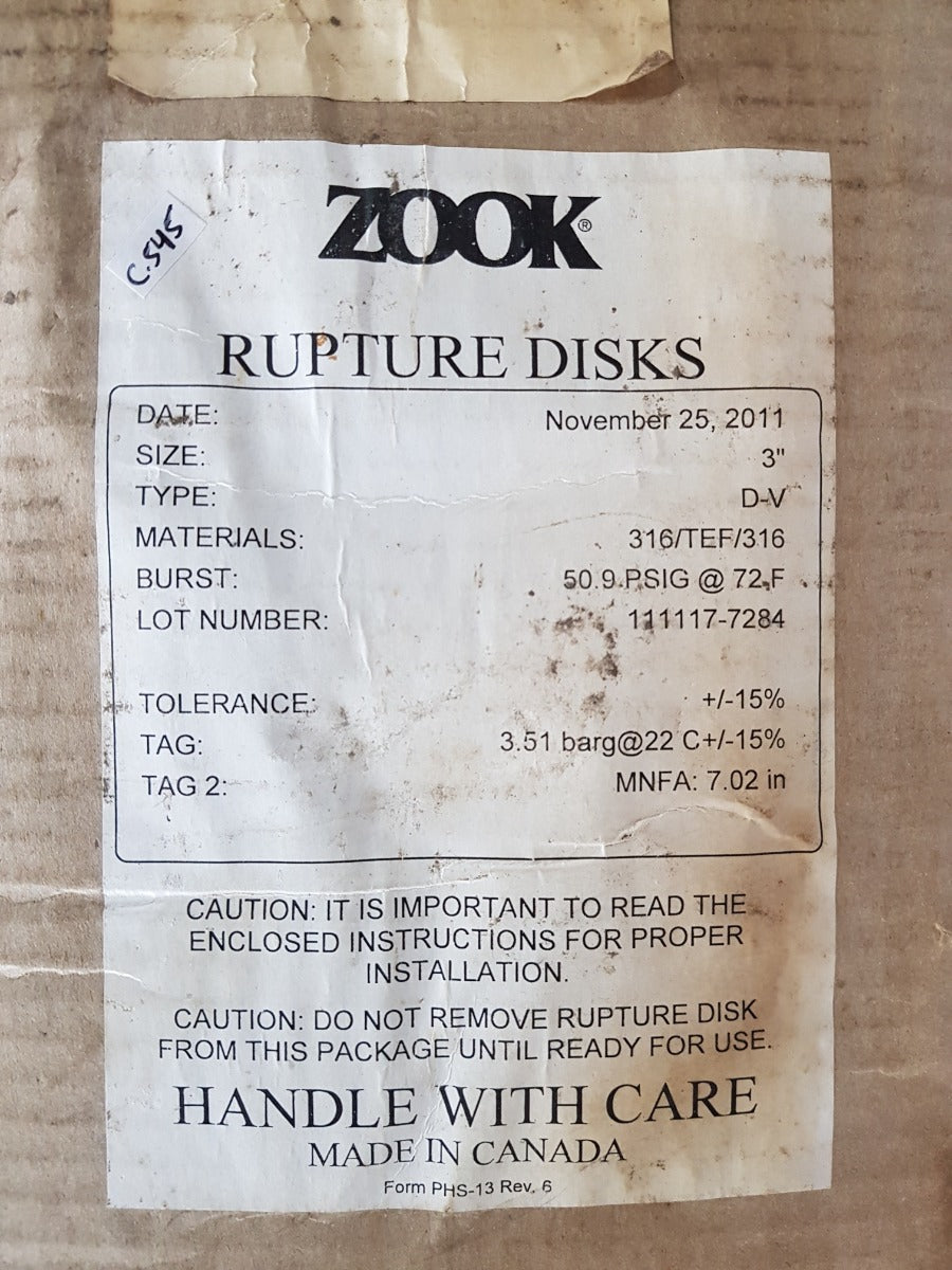 Zook rupture disk size.3" d-v 316/tef/316