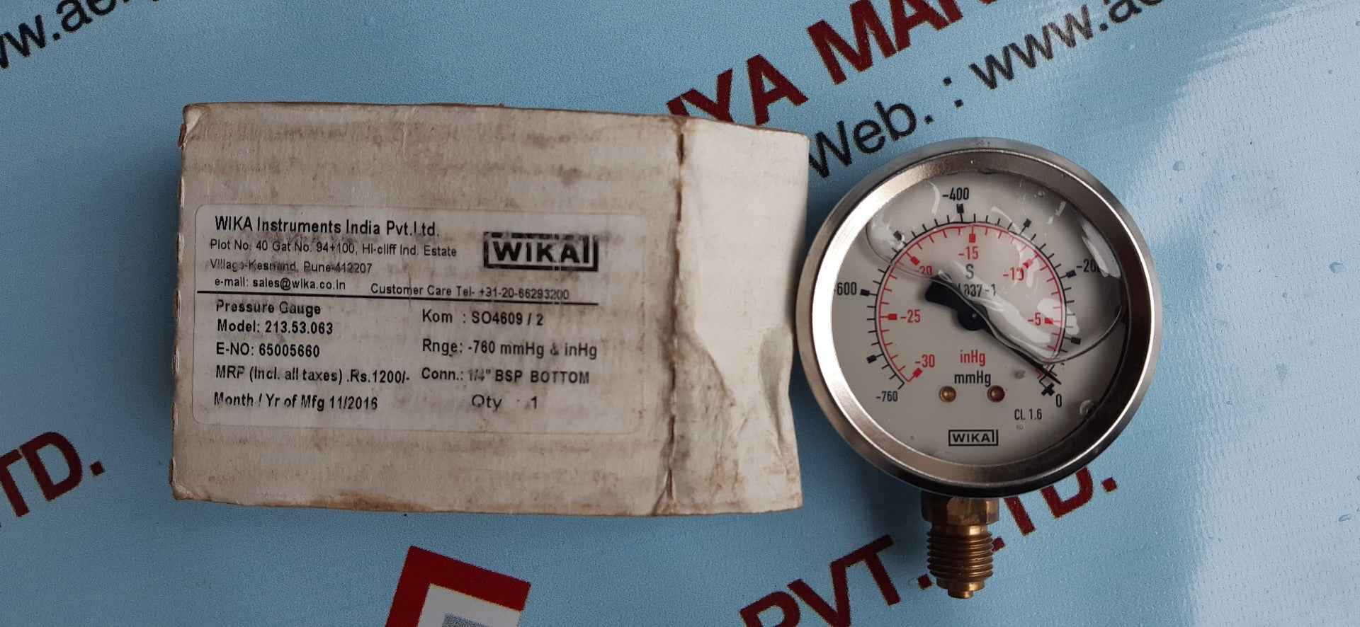 Wika 213.53.063 pressure gauge rnge -760 mmhg & inhg