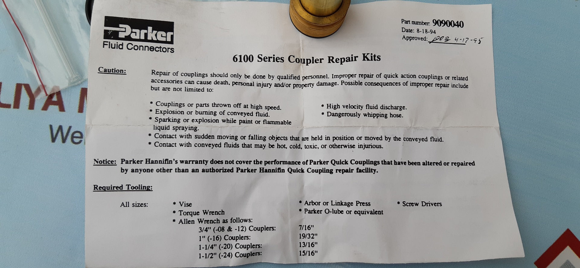 Parker 6100 series coupler repair kit