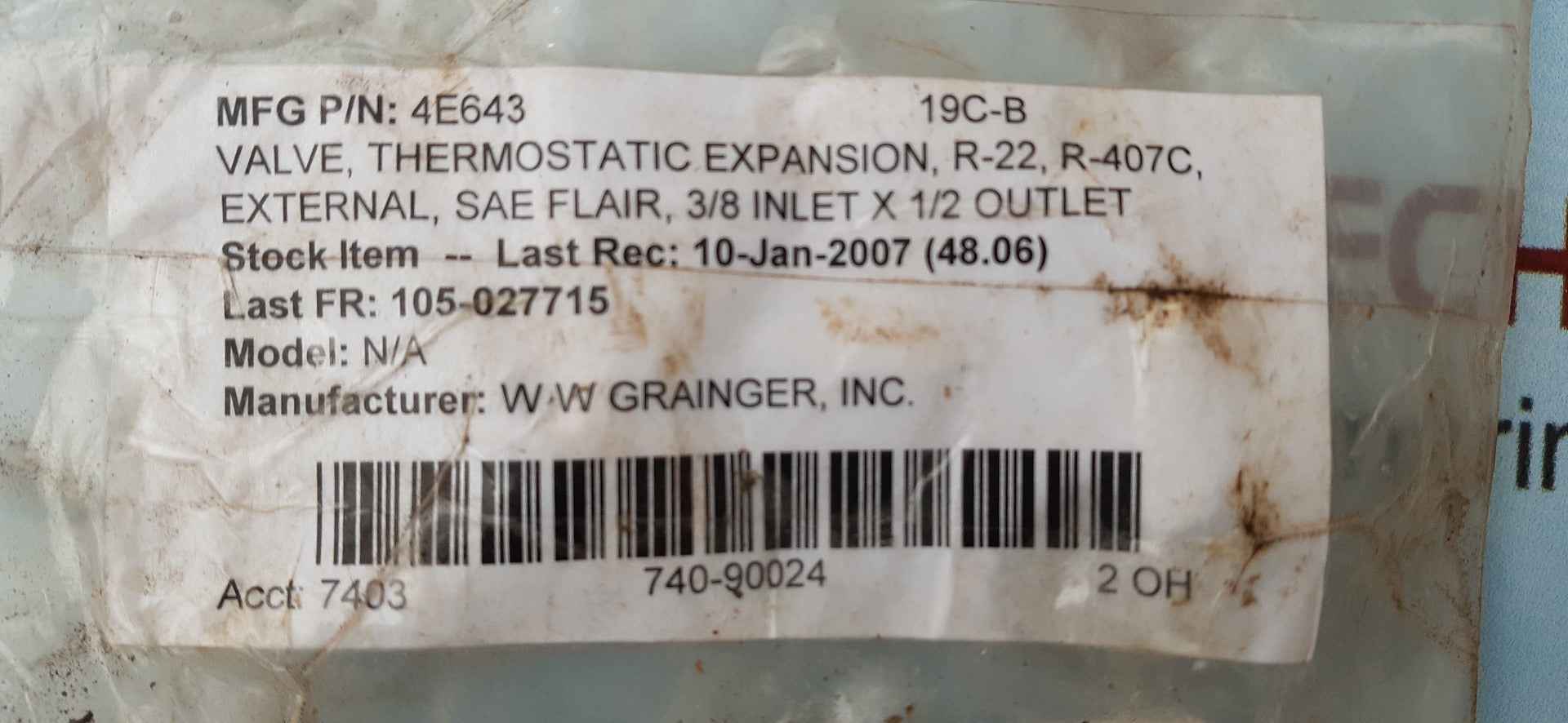 Parker 4e643 thermostatic expansion valve 3/8 inlet x 1/2 outlet