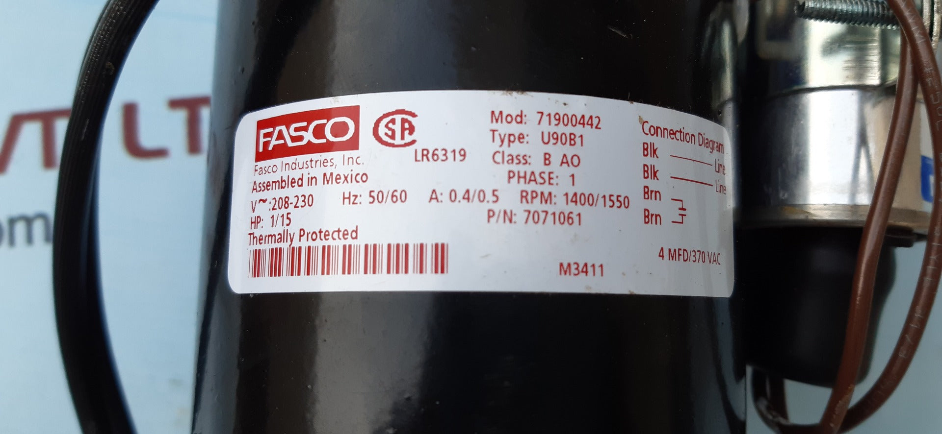 Fasco 7071061 fan/blower motor 1/15 hp,208/230v