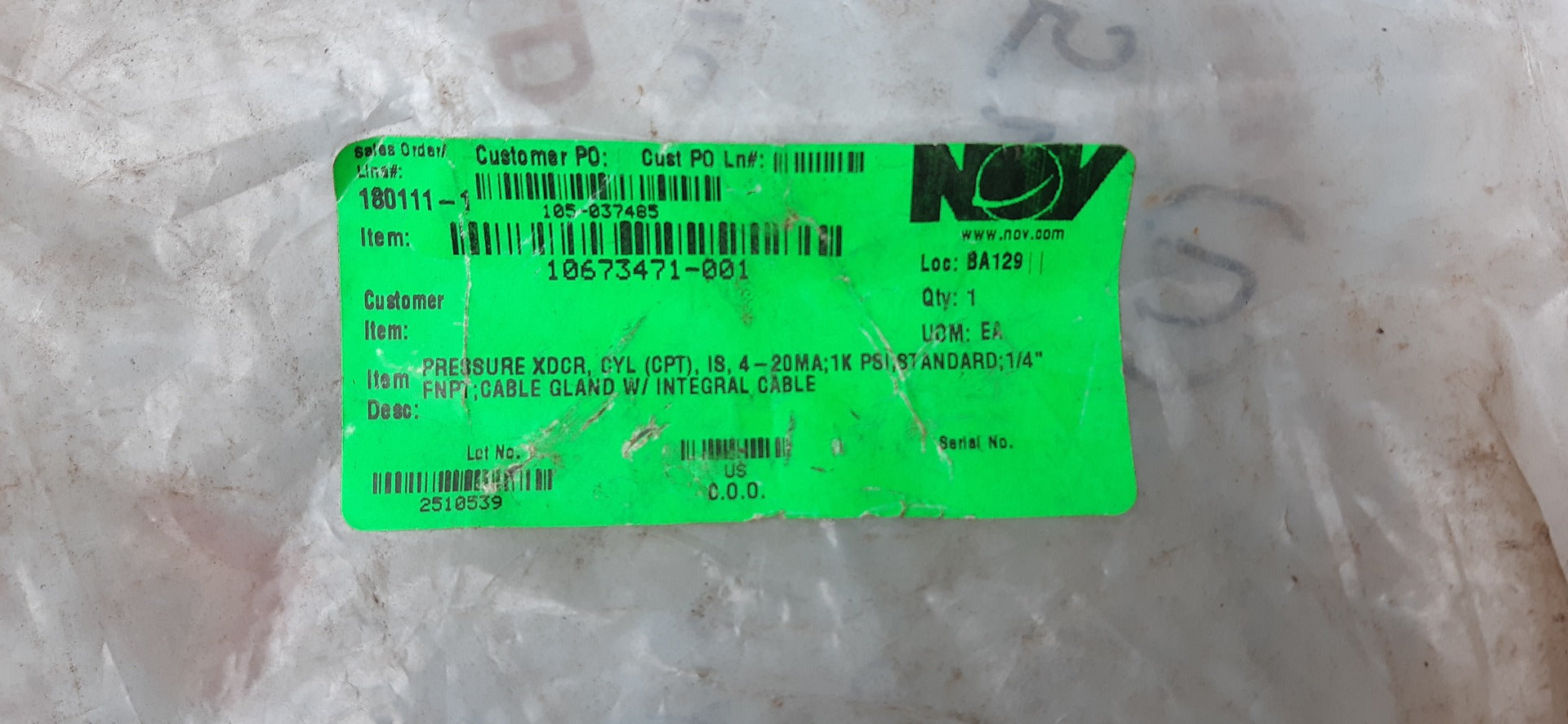 Nov md totco 40221805-001b2ln pressure transducer 1000 psi