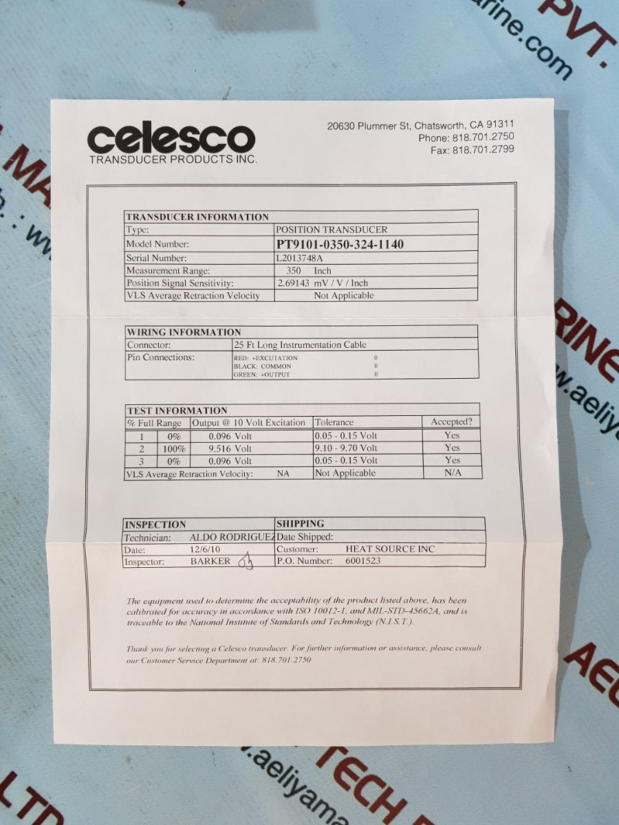 Celesco pt9101-0350-324-1140 position transducer