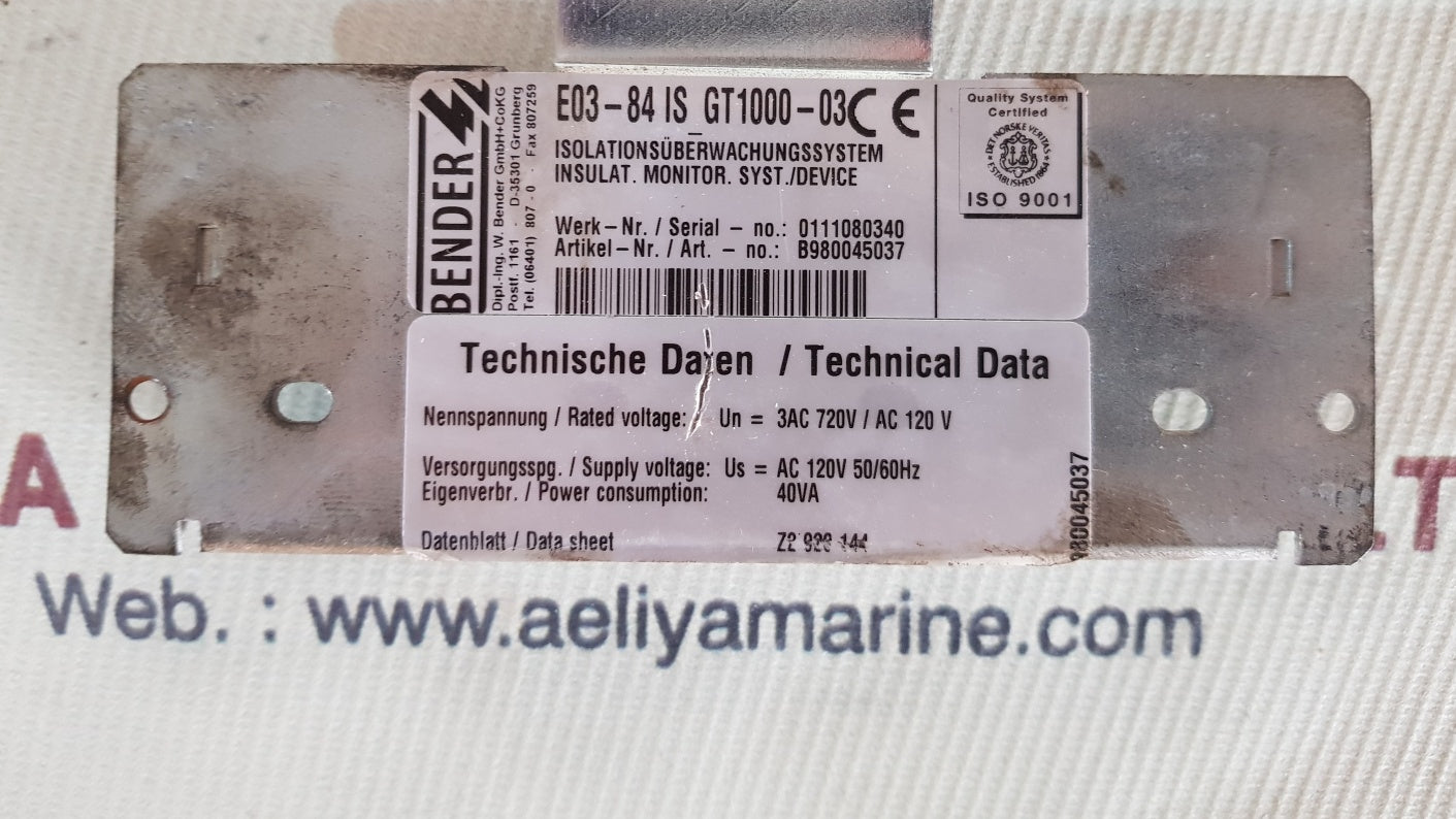 Bender e03-84 is_gt1000-03 isolation monitor system