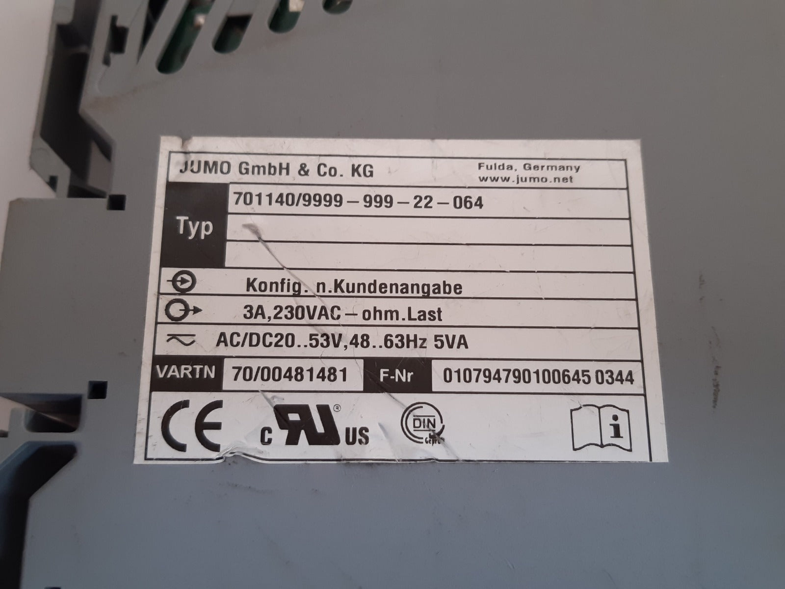 Jumo 701140/9999-999-22-064 temperature limiter monitor