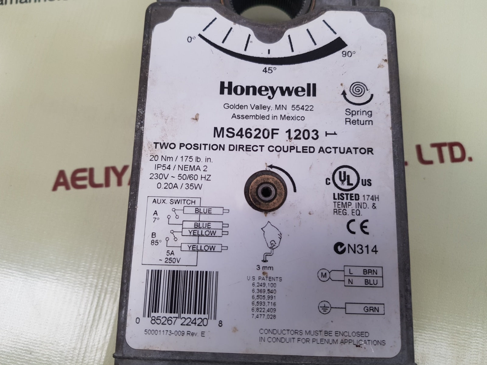 Honeywell ms4620f 1203 two position direct coupled actuator