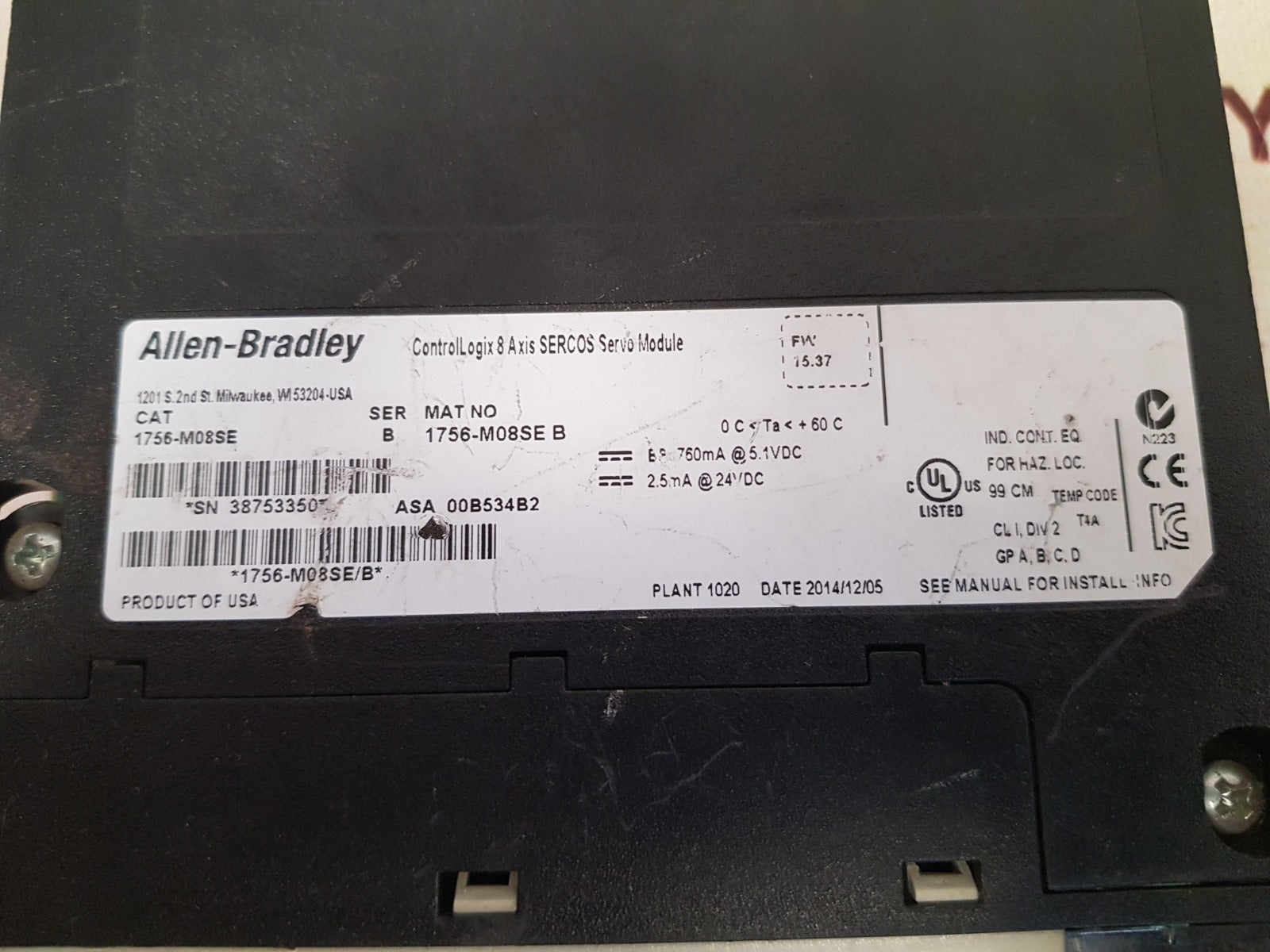 Allen-bradley 1756-m08Se Ser. B Controllogix 8 Axis Sercos Servo Module