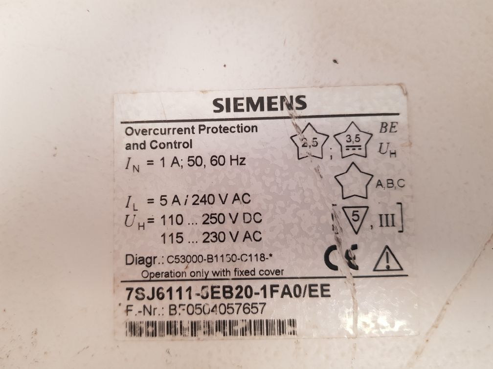 Siemens siprotec 7sj6111-5eb20-1fa0/ee overcurrent protection and control relay