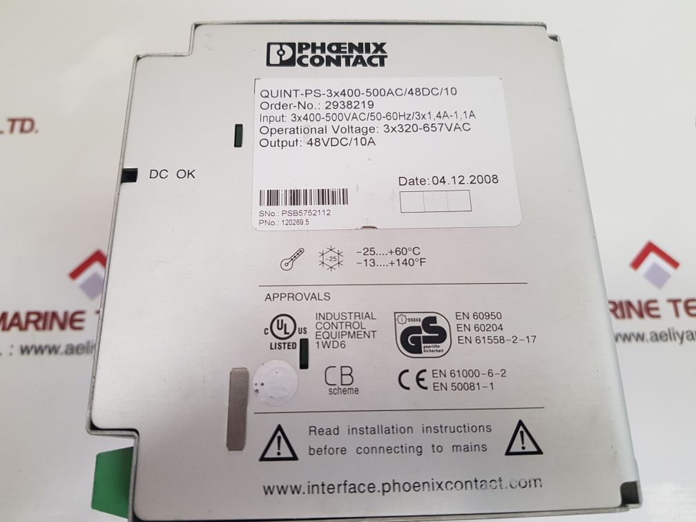 Phoenix contact quint-ps-3x400-500ac/48dc/10 power supply