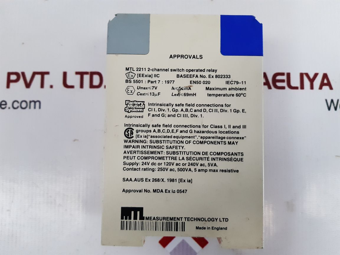Measurement technology mtl 2211 2-channel is-input switch operated relay