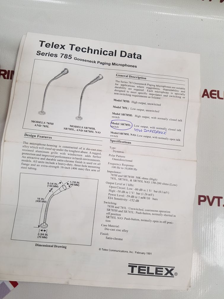 Telex Sr785L N/O Dynamic Gooseneck Paging Microphone