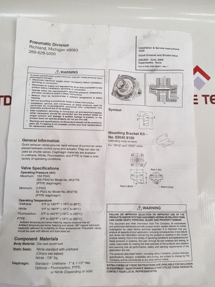 Parker 0R50B Quick Exhaust And Shuttle Valve