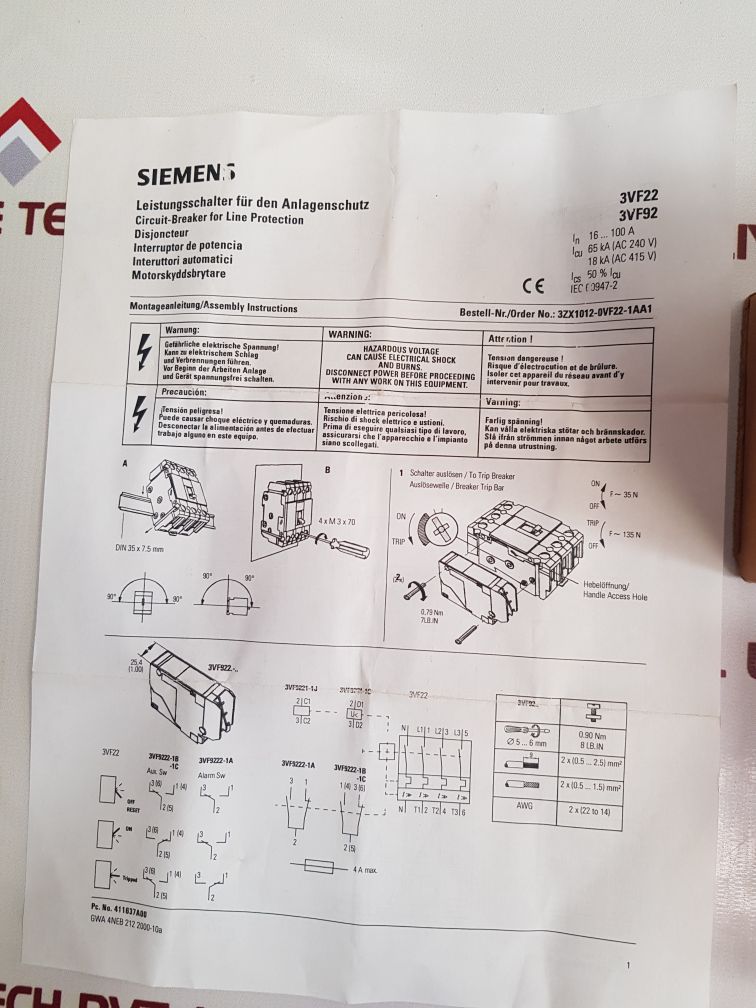 Siemens 3Vf9221-1Jm10 Shunt Trip