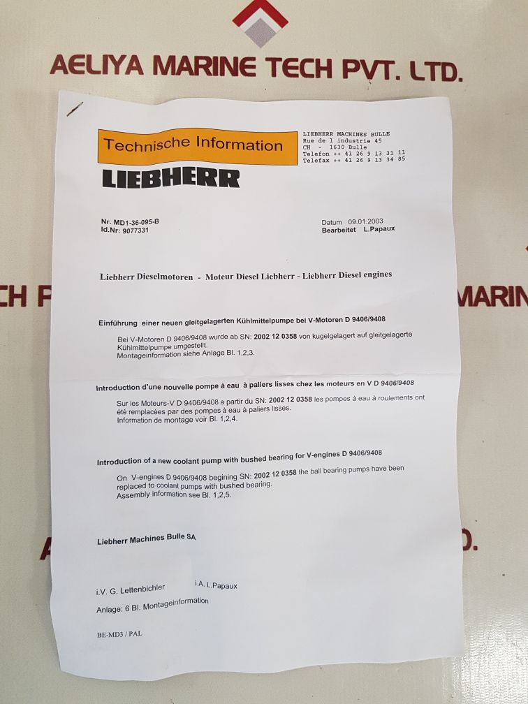 Liebherr 907768703 water pump 9077 687