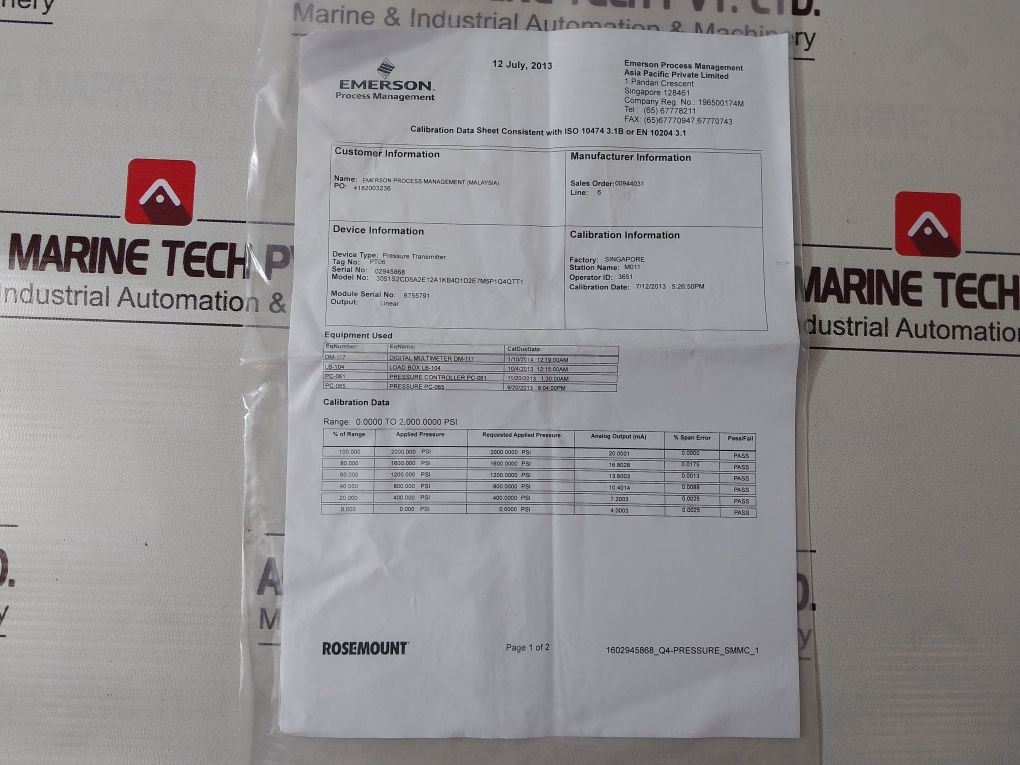 Rosemount 3051S2Cd5A2E12A1Kb4D1D2E7M5P1Q4Qtt1 Pressure Transmitter Set