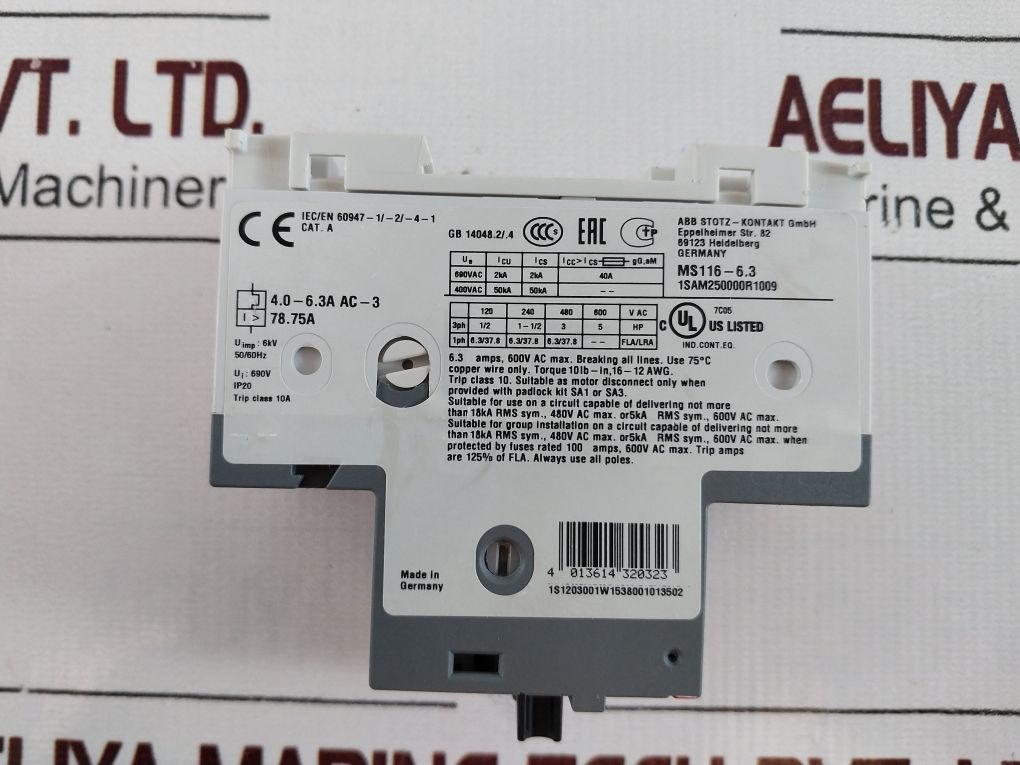 Abb Ms116-6.3 Manual Motor Starter 4.0-6.3A 1Sam250000R1009