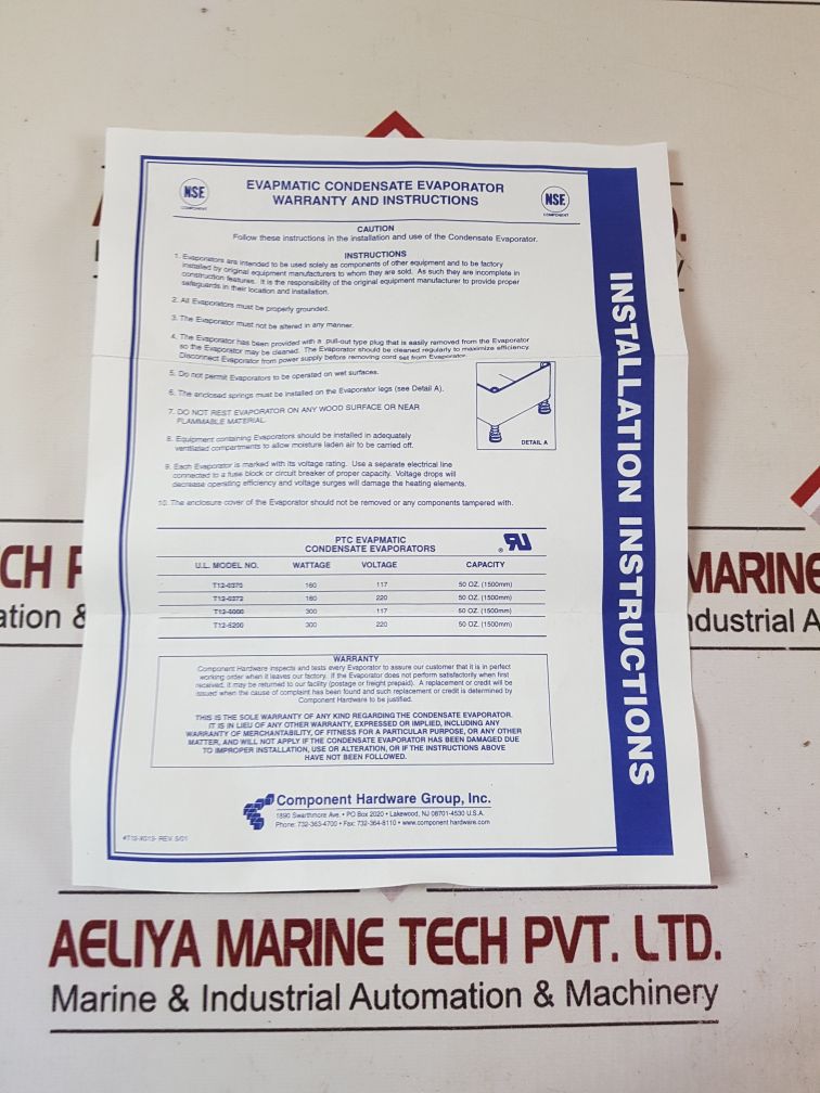 Component Hardware T12-5200 Ptc Evapmatic Condensate Evaporator