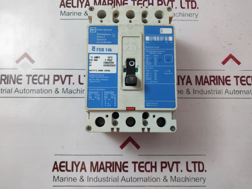 Cutler-hammer Fdb 14K 3-pole Circuit Breaker 70Amps 600Vac