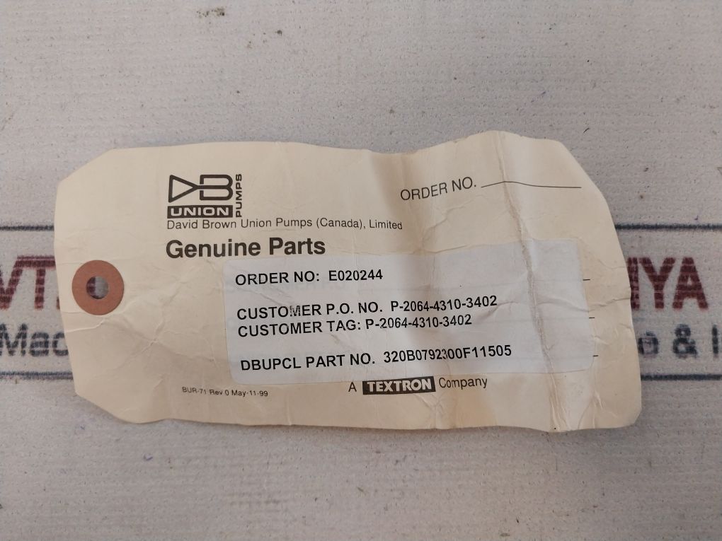 David Brown 320-b07923-00 Union Pump Valve