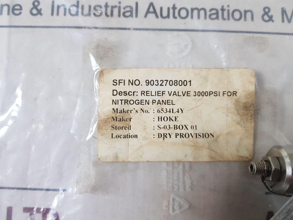 Hoke 6534L4Y Relief Valve 3000Psi For Nitrogen Panel