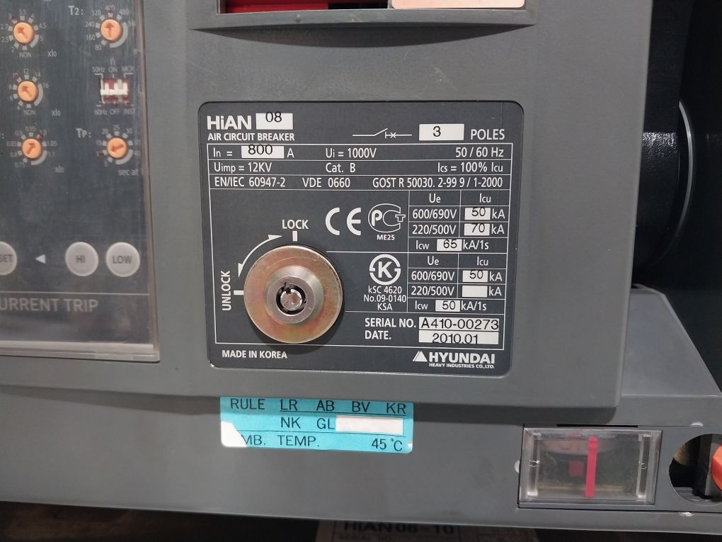 Hyundai Hian 08 Air Circuit Breaker 3 Poles 800A 1000V 50/60Hz