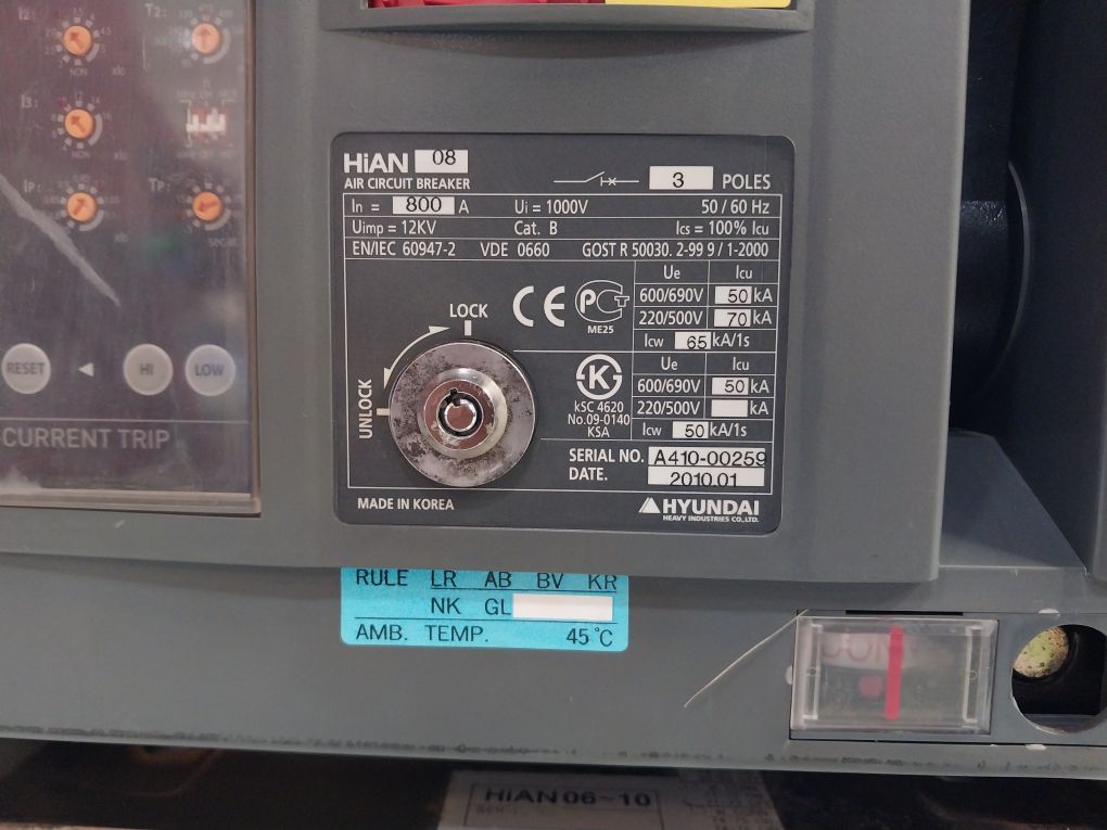 Hyundai Hian 08 Air Circuit Breaker 3 Pole 800A 220V 50/60Hz