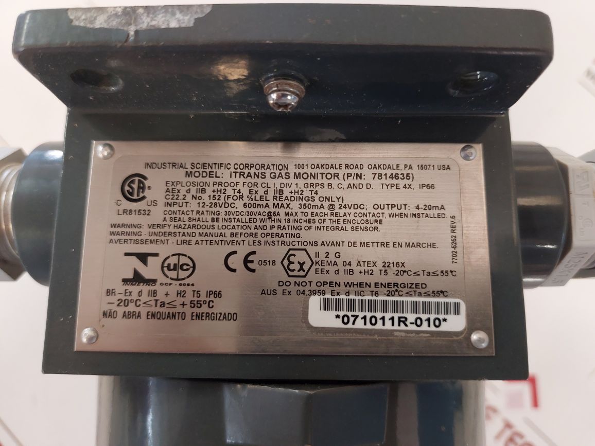 Industrial Scientific Itrans Gas Monitor 7814635 With Itrans H2S Sensor 7702-382 600Ma Max