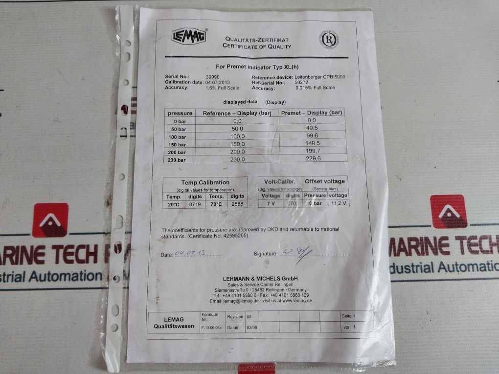 Lemag 280 40 012 Premet Xl Pressure Indicator 6613Cq11 Set