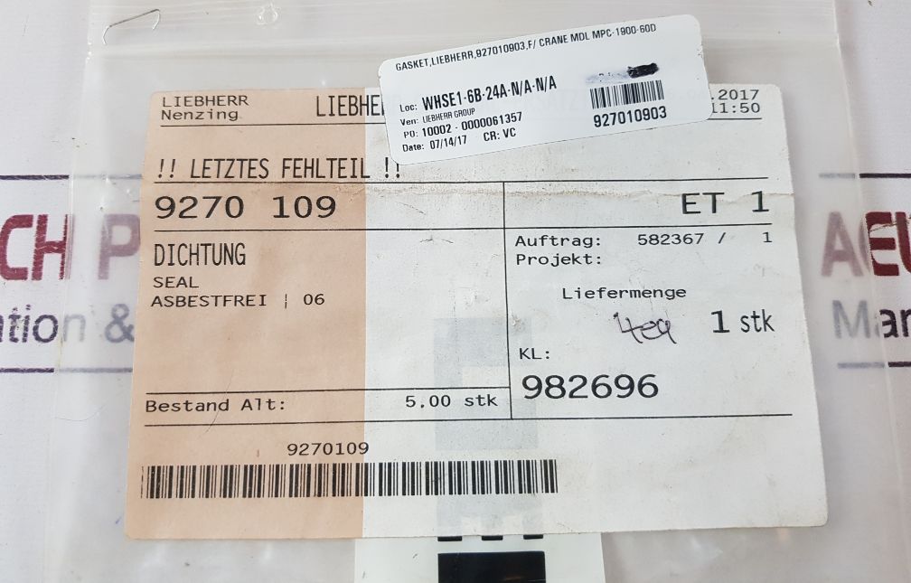 Liebherr Gasket 927010903 Seal