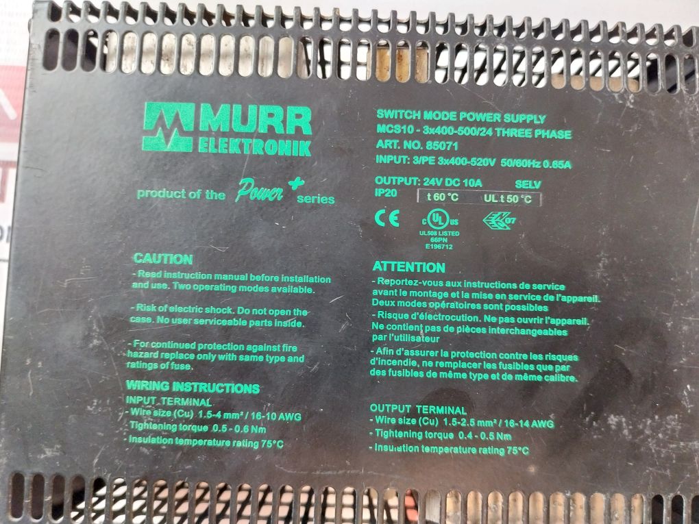 Murr Elektronik 85071 Switch Mode Power Supply 24V Dc 10A Selv
