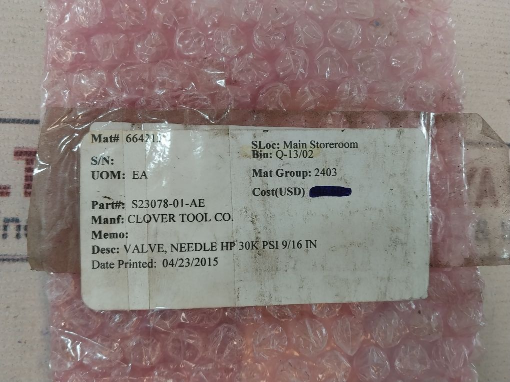 Parker 30Vm9071 High Pressure Needle Valve