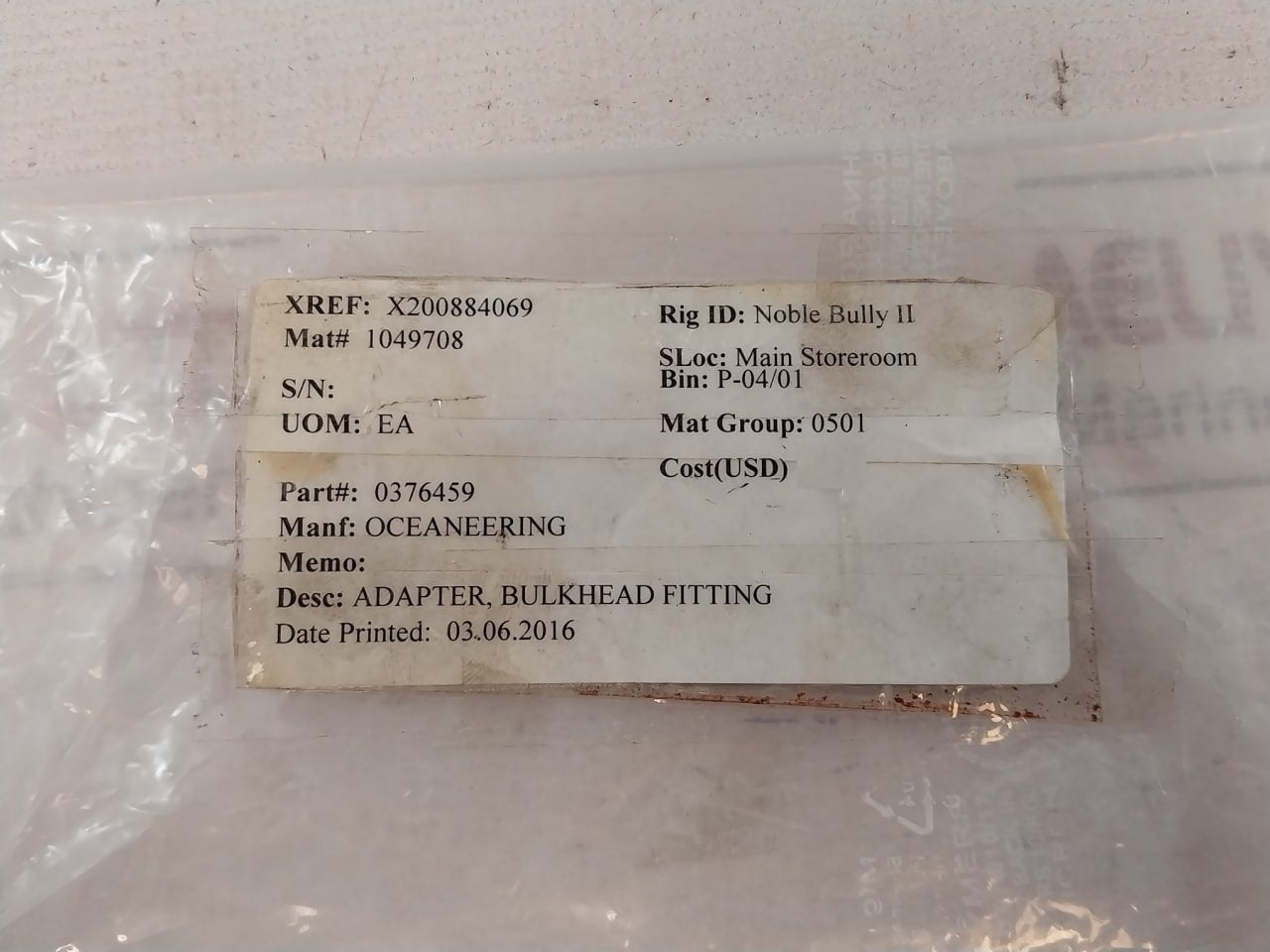 Oceaneering 0376459 Bulkhead Fitting Adapter