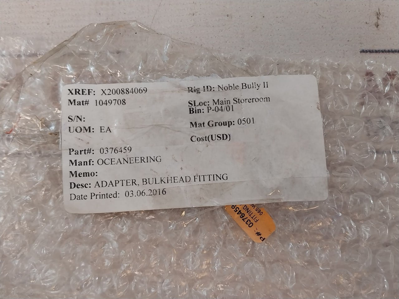 Oceaneering 0376459 Bulkhead Fitting Adapter