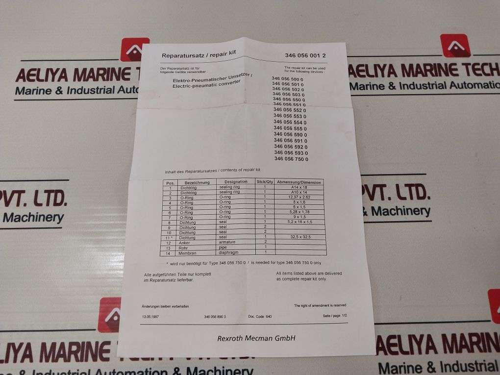Rexroth 346 056 001 2 Repair Kit For Regulating Valve