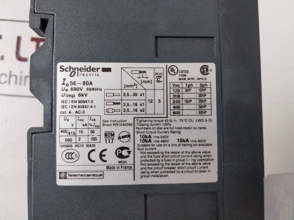 Schneider Electric Gv3Me80/56-80A Motor Circuit Breaker