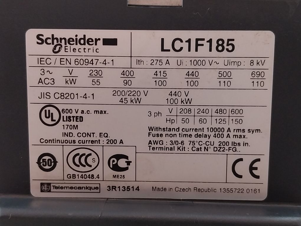 Schneider Electric Lc1F185 Contactor 275 A 1000 V~