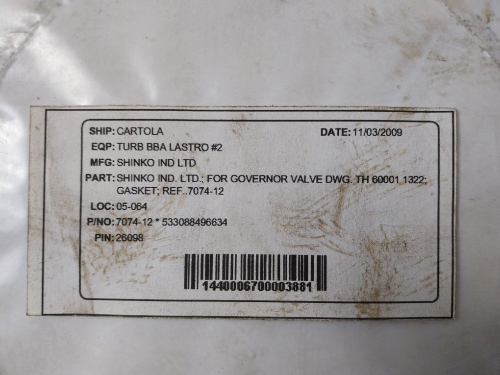 Shinko 7074-12 Governor Valve Liner Gasket 26098