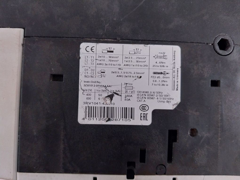 Siemens 3Rv1041-4Ja10 Plastic Case Circuit Breaker 600V