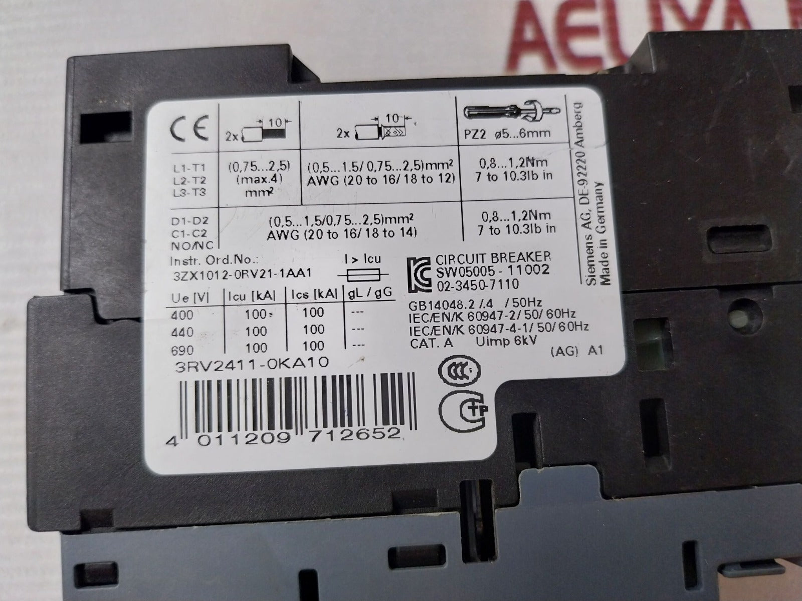 Siemens 3Rv2411-0Ka10 Motor Protection Circuit Breaker 26A