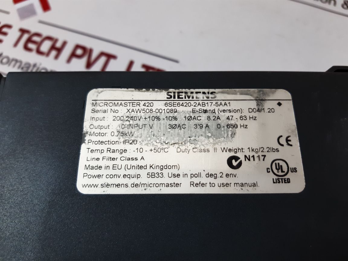 Siemens 6Se6420-2Ab17-5Aa1 Micromaster 420 Inverter