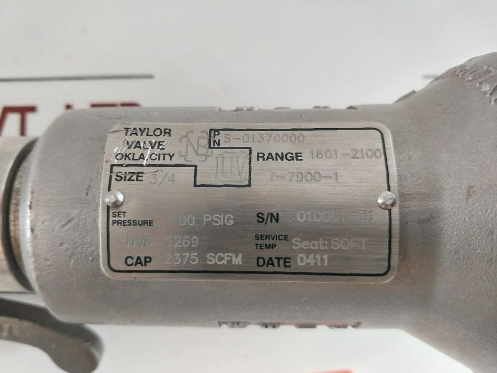 Taylor Valve S-01370000 Safety Relief Valve 1900 Psi 3/4" Fpt