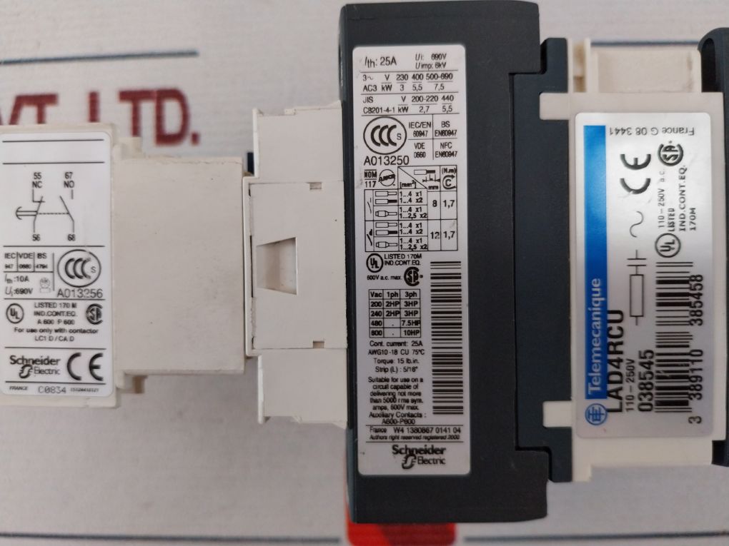 Telemecanique A013250 Contactor With Ladt0 Auxiliary Contact Block Lad4Rcu Transient Suppressor Lad8N20 Contact Block