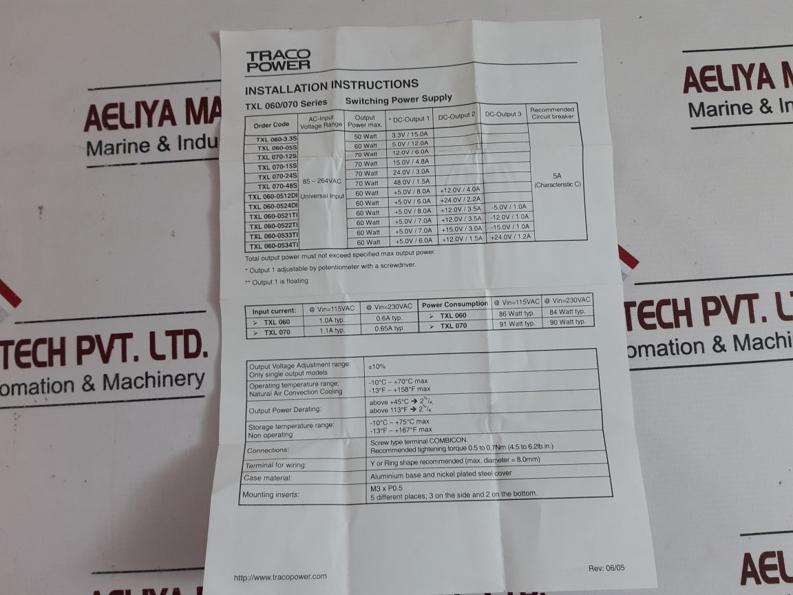 Traco Power Txl 070-24S Switching Power Supply Mv7306Dfe24P27