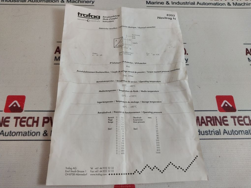 Trafag 8202.21.2210 Pressure Transmitter 12-34 Vdc