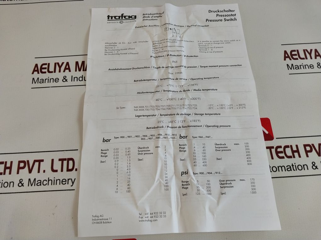 Trafag 900.2378.905 Pressure Switch 1…10 Bar (~Kg/Cm2)