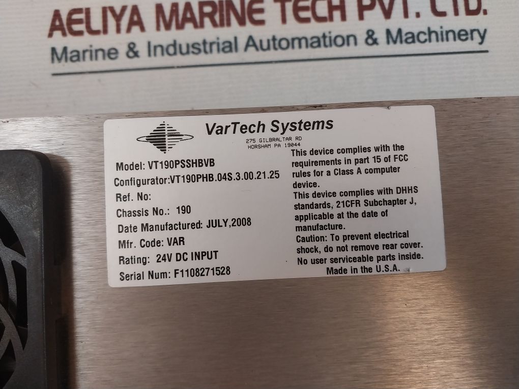 Vartech Systems Vt190Psshbvb Lcd Panel Monitor 24V Dc Input