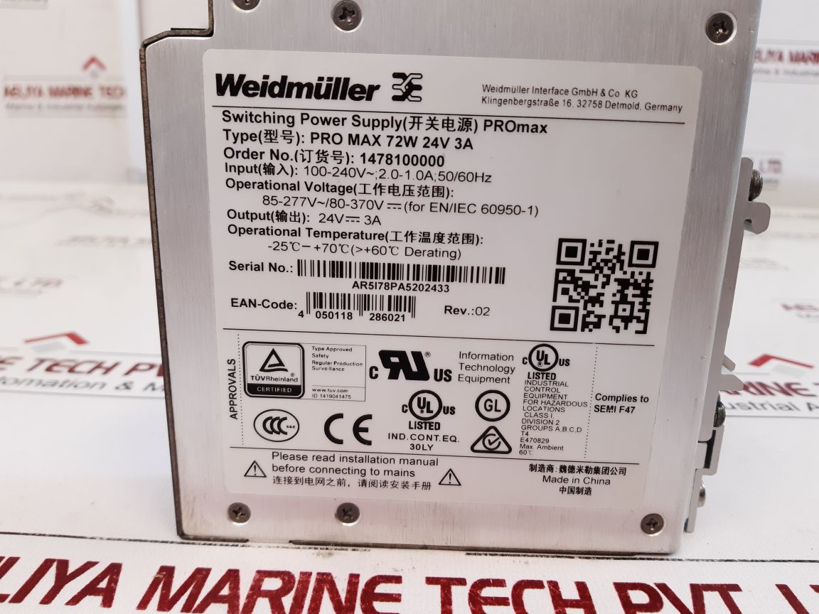 Weidmuller 1478100000 Power Supply Pro Max 72W 24V 3A