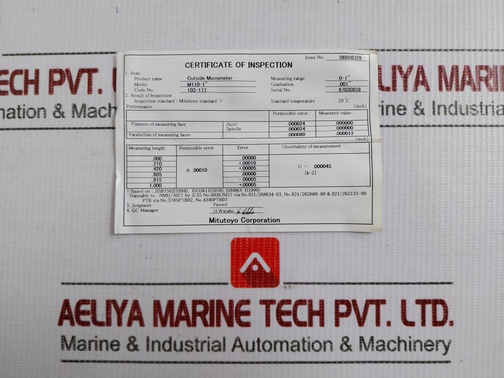 103-177 Analog Outside Micrometer Set Mitutoyo 20°C M110-1"