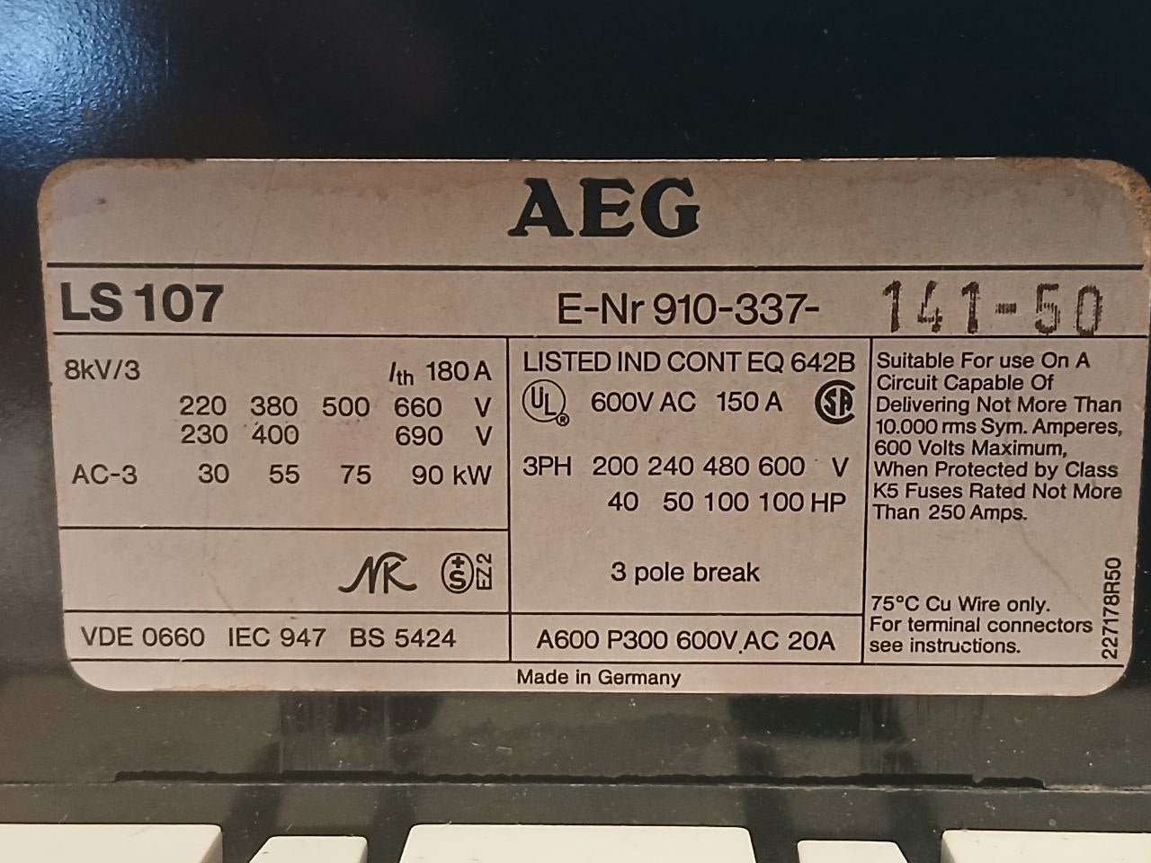 Aeg Ls 107 3 Pole Contactor 180A 600Vac